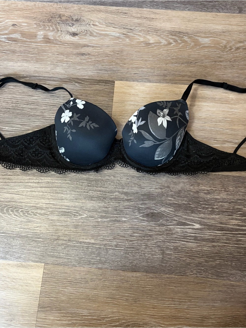 Auden Black Bra with White Floral Print and Lace Band
